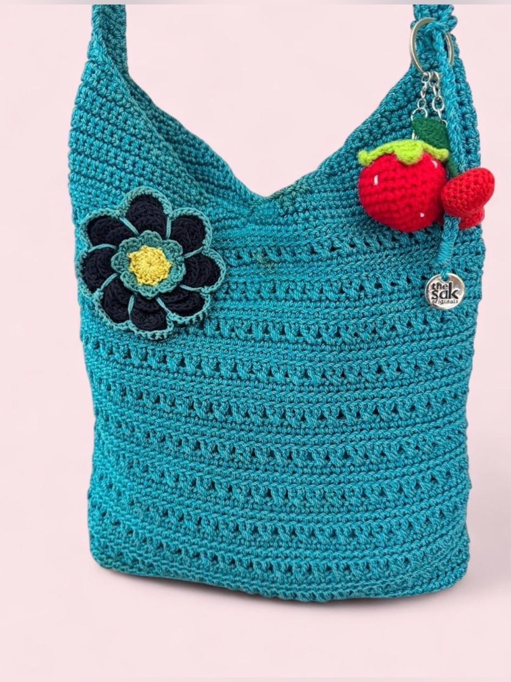 The Sak Hobo w/Flower Appliqué & BONUS Crocheted Strawberry & Cherry Bag Charms